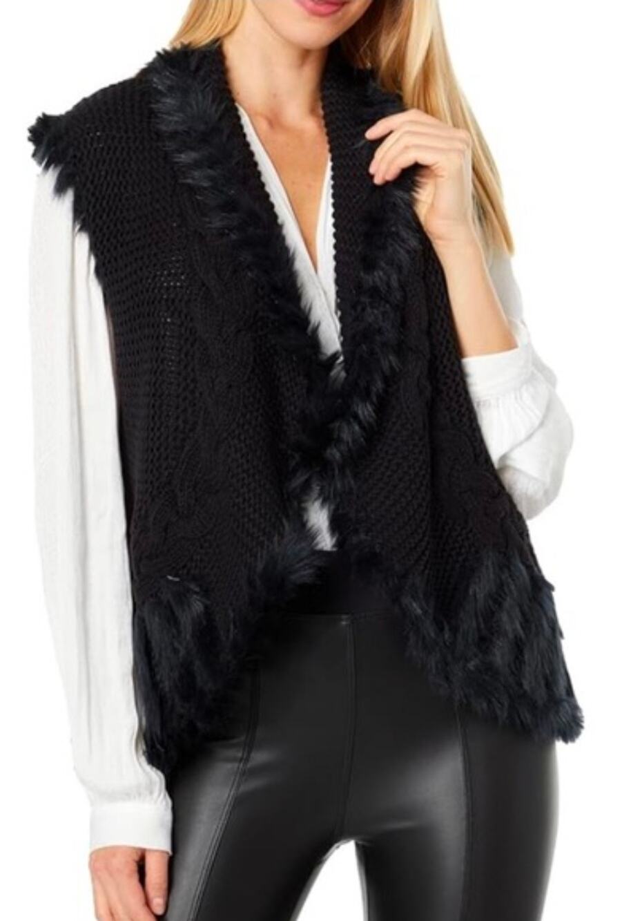 Lilly Pulitzer Black Faux Fur Trim Cable Knit Vest Sleeveless Open Cardigan L